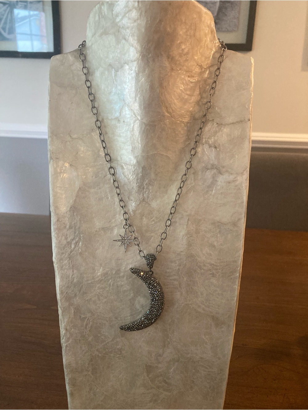 Pave Crescent Moon & Star Pendant Necklace in Gunmetal Tone.